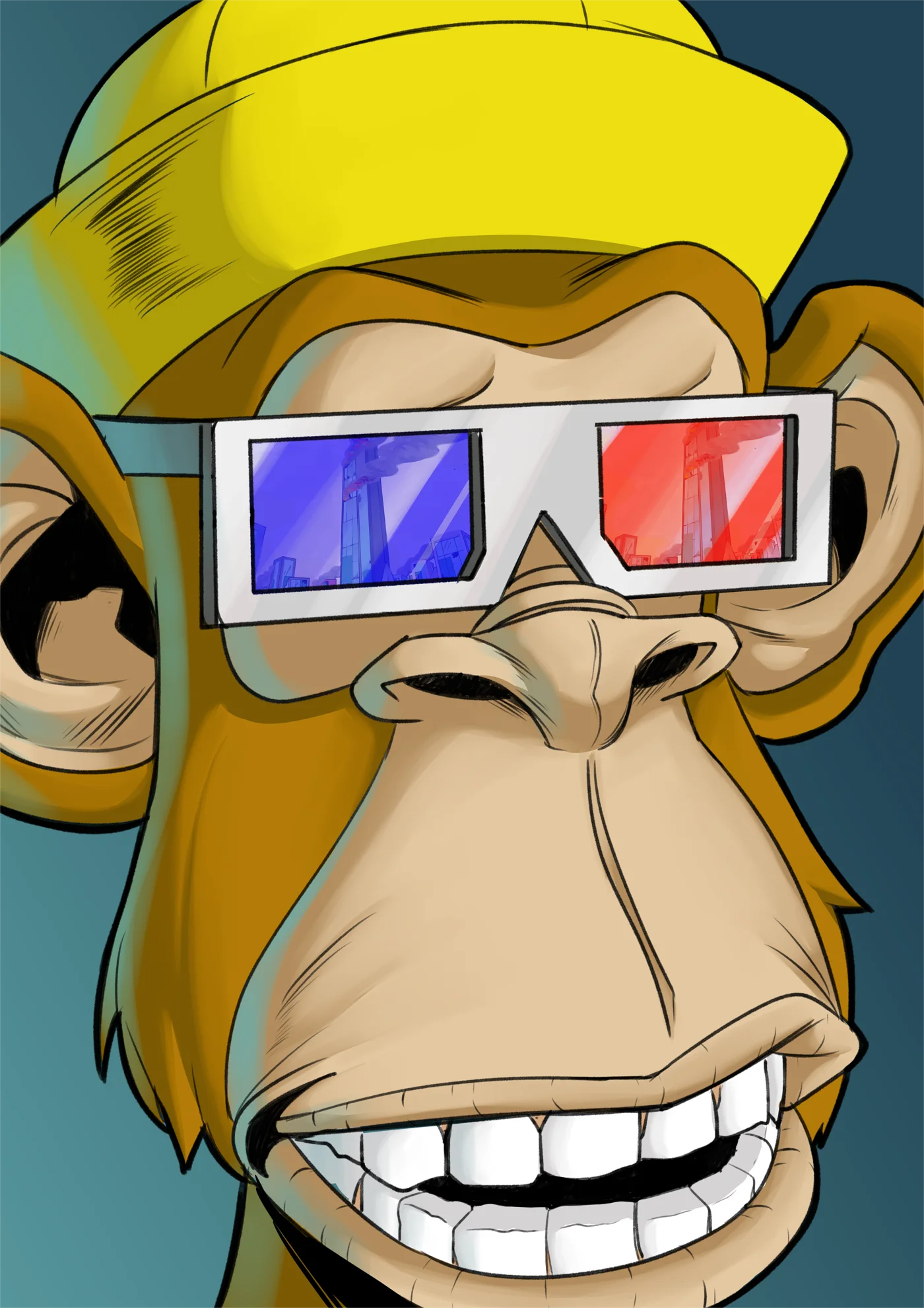 Issue 01 cover — an ape in 3D glasses, the burning city reflected in the lenses