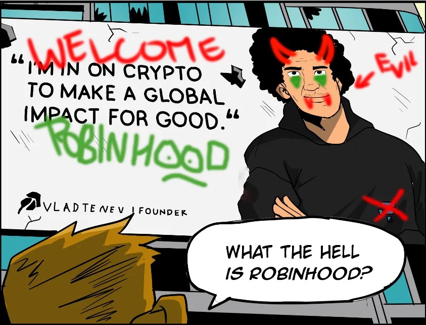 A defaced billboard — the founder — with WELCOME, devil horns and EVIL scrawled over it